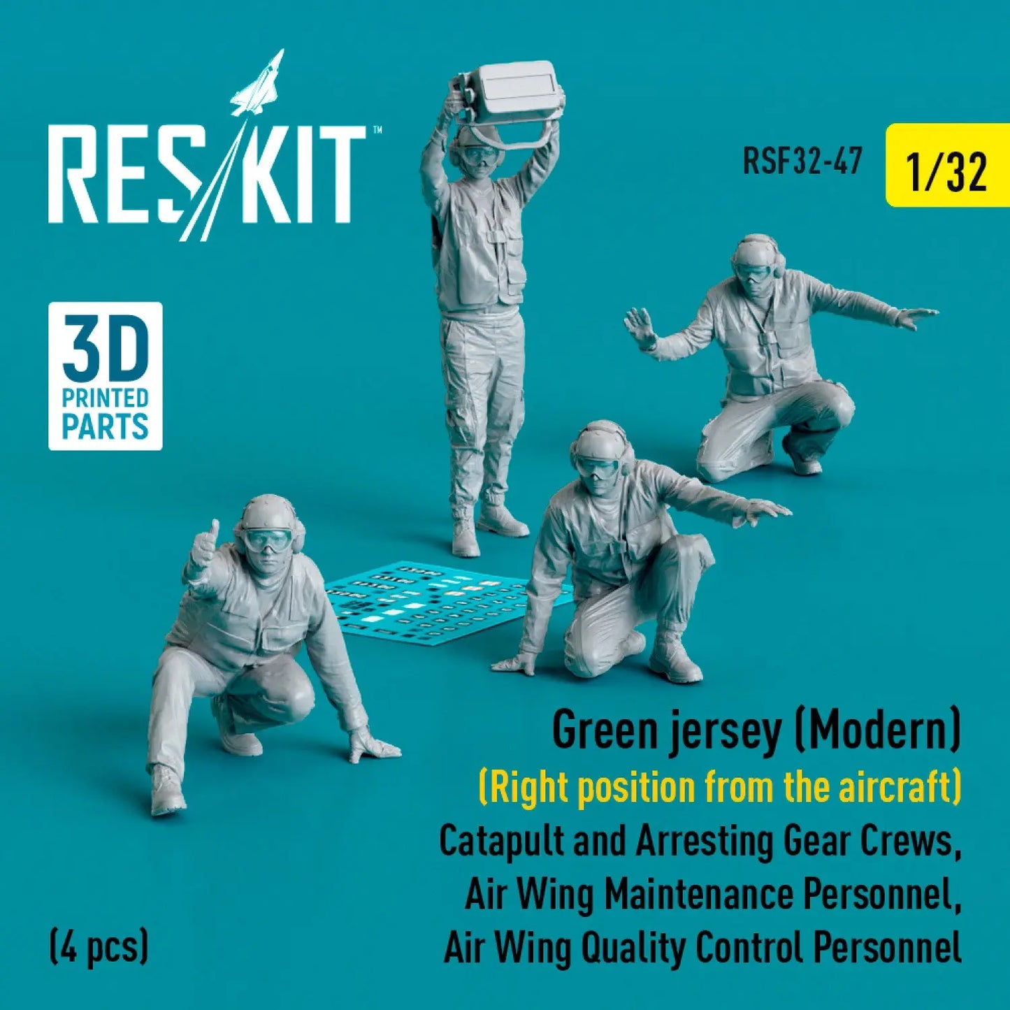 ResKit 1:32 Green jersey (Modern) (Right position from the aircraft) Catapult and Arresting Gear Crews, Air Wing Maintenance Personnel, Air Wing Quality Control Personnel (4 pcs) (3D Printed) Reskit