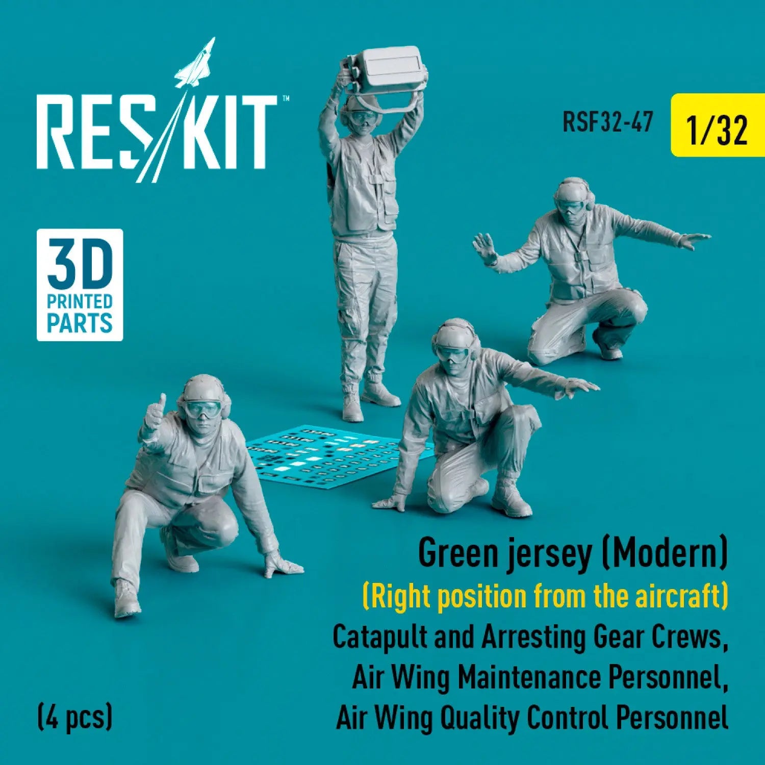 ResKit 1:32 Green jersey (Modern) (Right position from the aircraft) Catapult and Arresting Gear Crews, Air Wing Maintenance Personnel, Air Wing Quality Control Personnel (4 pcs) (3D Printed) Reskit