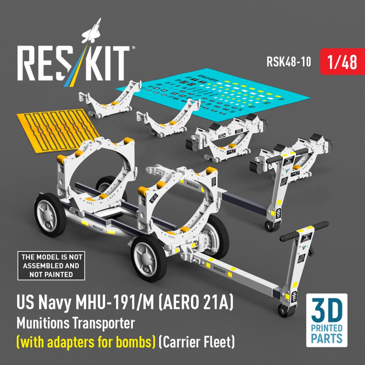 ResKit 1:48 US NAVY MHU-191/M (AERO 21A) Munitions Transporter (with adapters for bombs) (Carrier Fleet) (3D Printed model kit) Reskit
