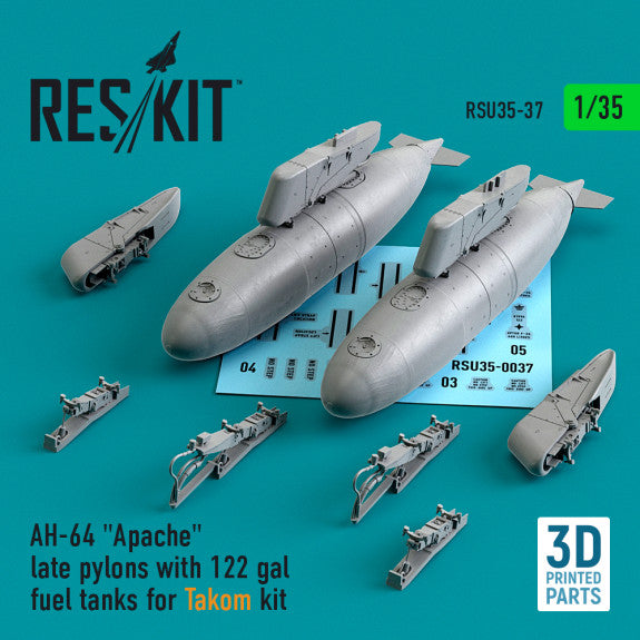 ResKit 1:35 AH-64 "Apache" late pylons with 122 gal fuel tanks for Takom kit (3D Printed) Reskit