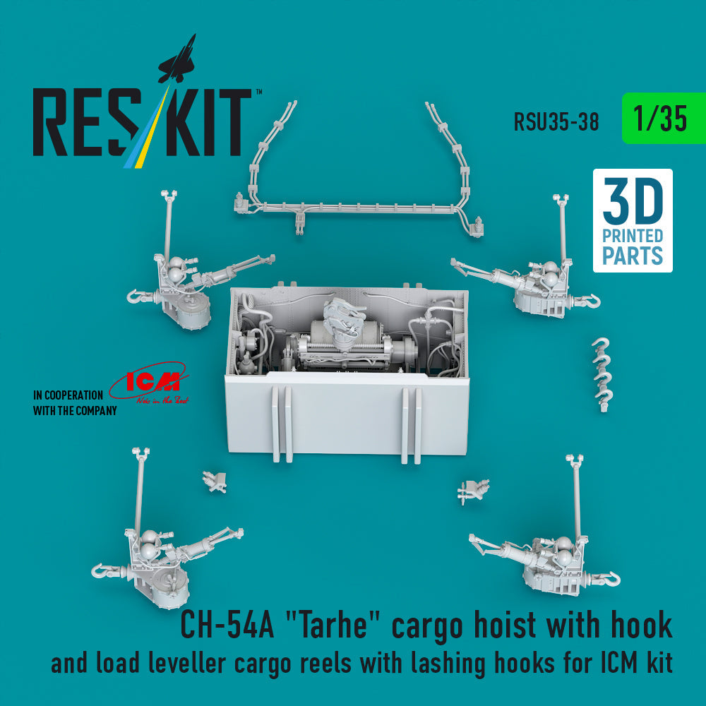 ResKit 1:35 CH-54A "Tarhe" cargo hoist with hook and load leveller cargo reels with lashing hooks for ICM kit (3D Printed) Reskit