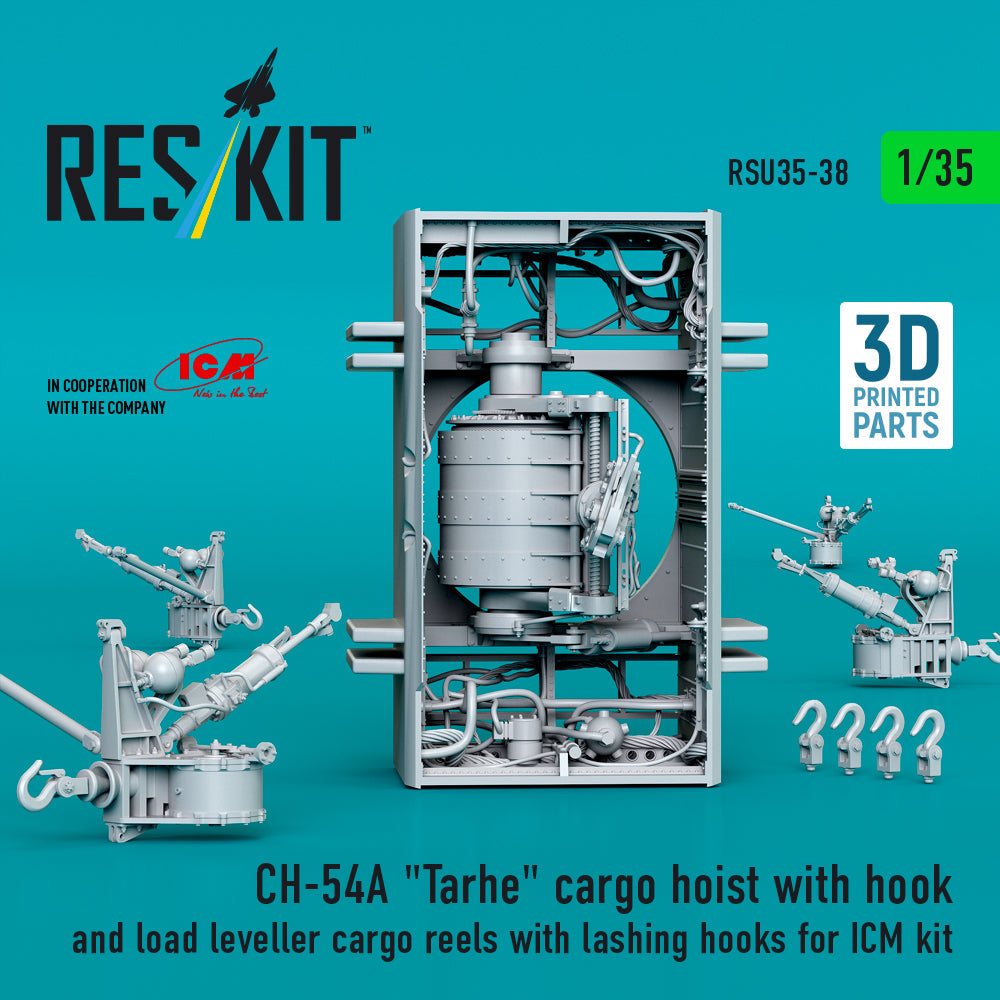 ResKit 1:35 CH-54A "Tarhe" cargo hoist with hook and load leveller cargo reels with lashing hooks for ICM kit (3D Printed) Reskit