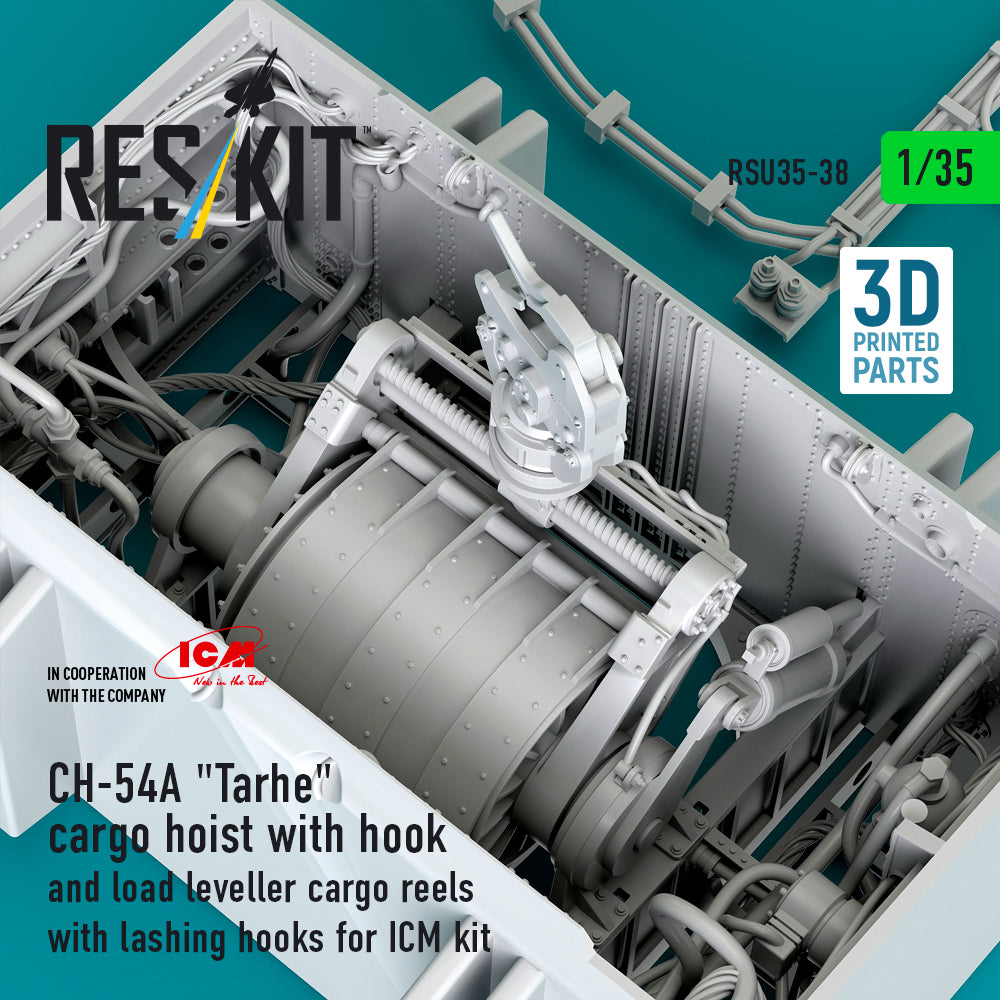 ResKit 1:35 CH-54A "Tarhe" cargo hoist with hook and load leveller cargo reels with lashing hooks for ICM kit (3D Printed) Reskit