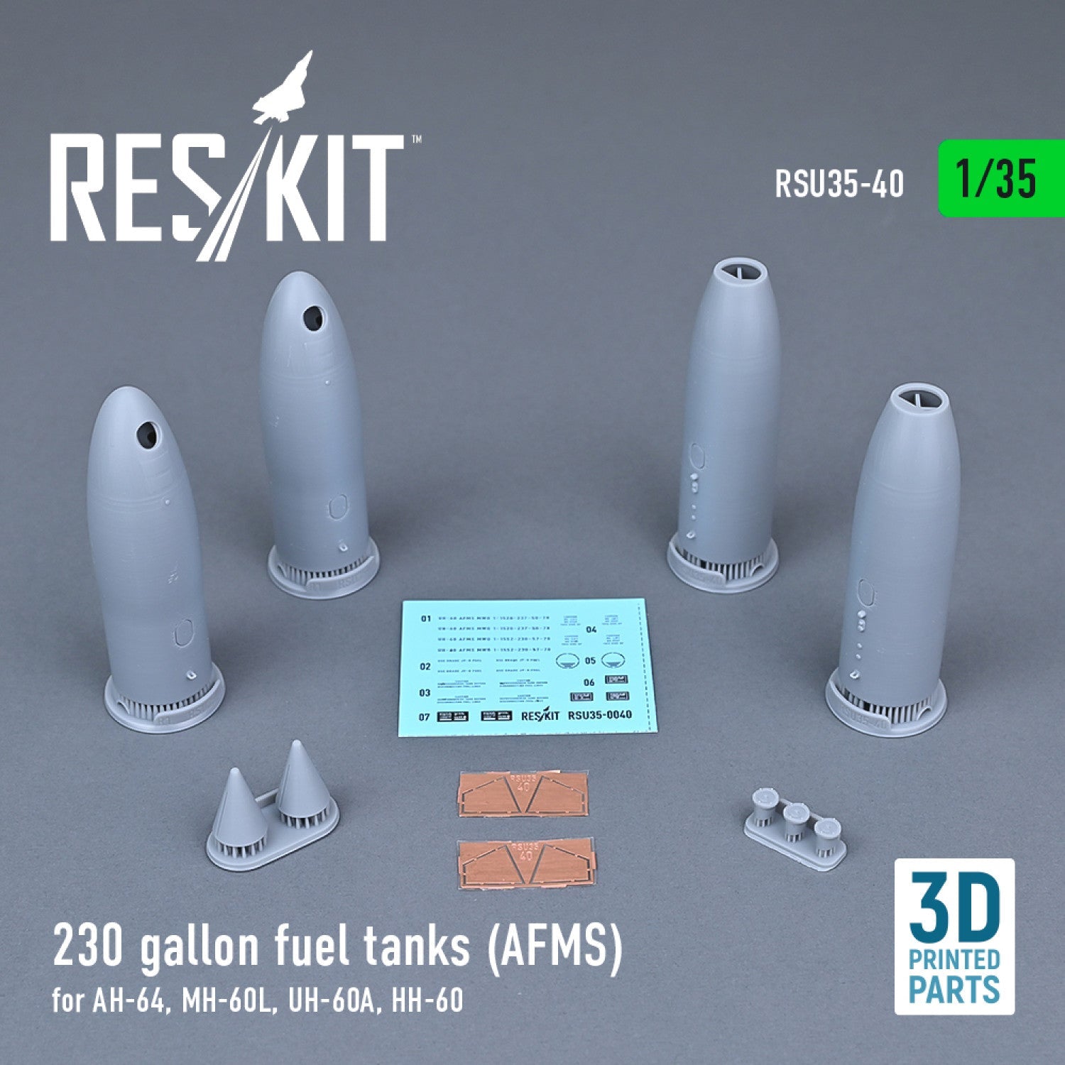 ResKit 1:35 230 gallon fuel tanks (AFMS) for AH-64, MH-60L, UH-60A, HH-60 (2 pcs) (3D Printed) Reskit