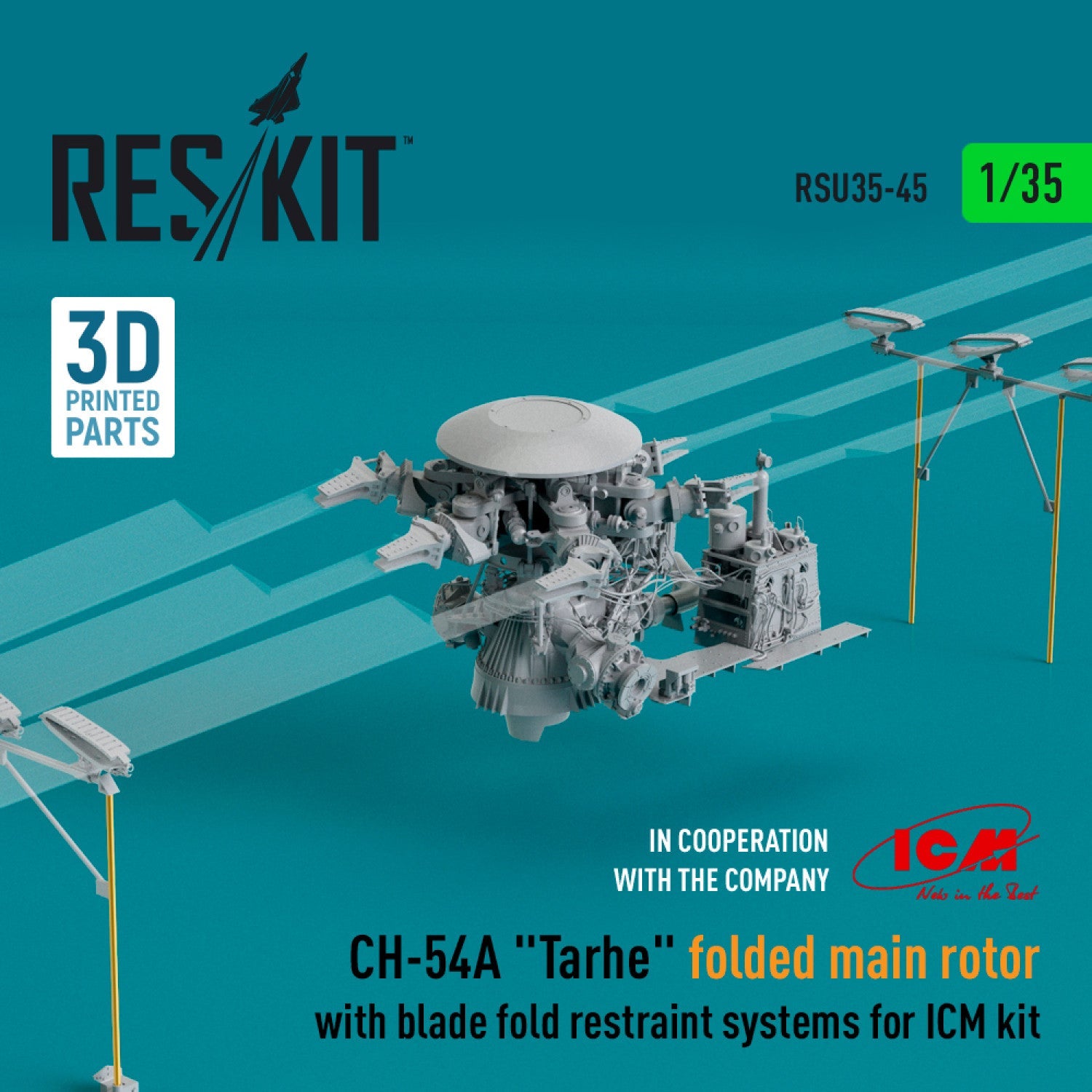 ResKit 1:35 CH-54A "Tarhe" folded main rotor with blade fold restraint systems for ICM kit (3D Printed) Reskit