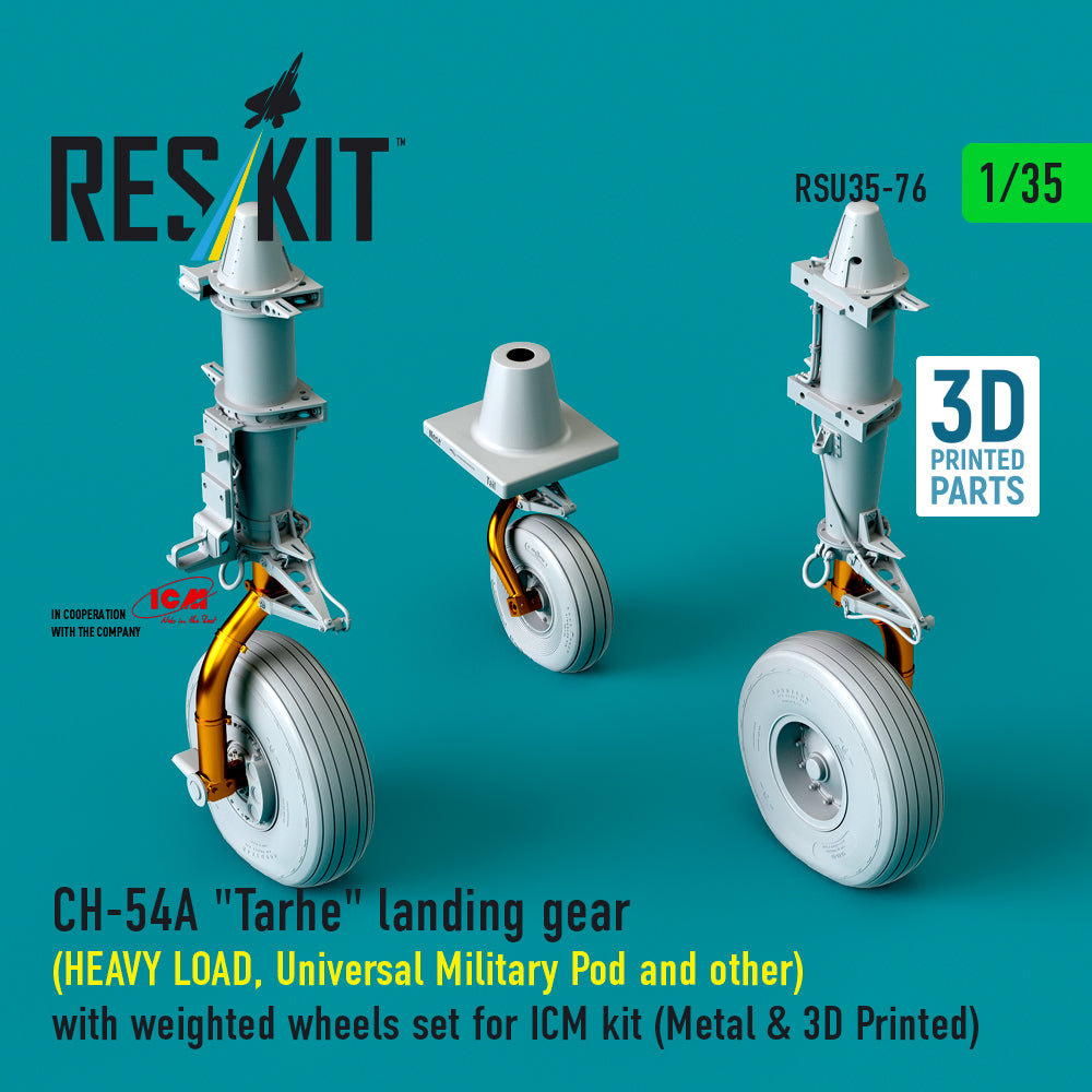 ResKit 1:35 CH-54A "Tarhe" landing gear (HEAVY LOAD, Universal Military Pod and other) with weighted wheels set for ICM kit (Metal & 3D Printed) Reskit