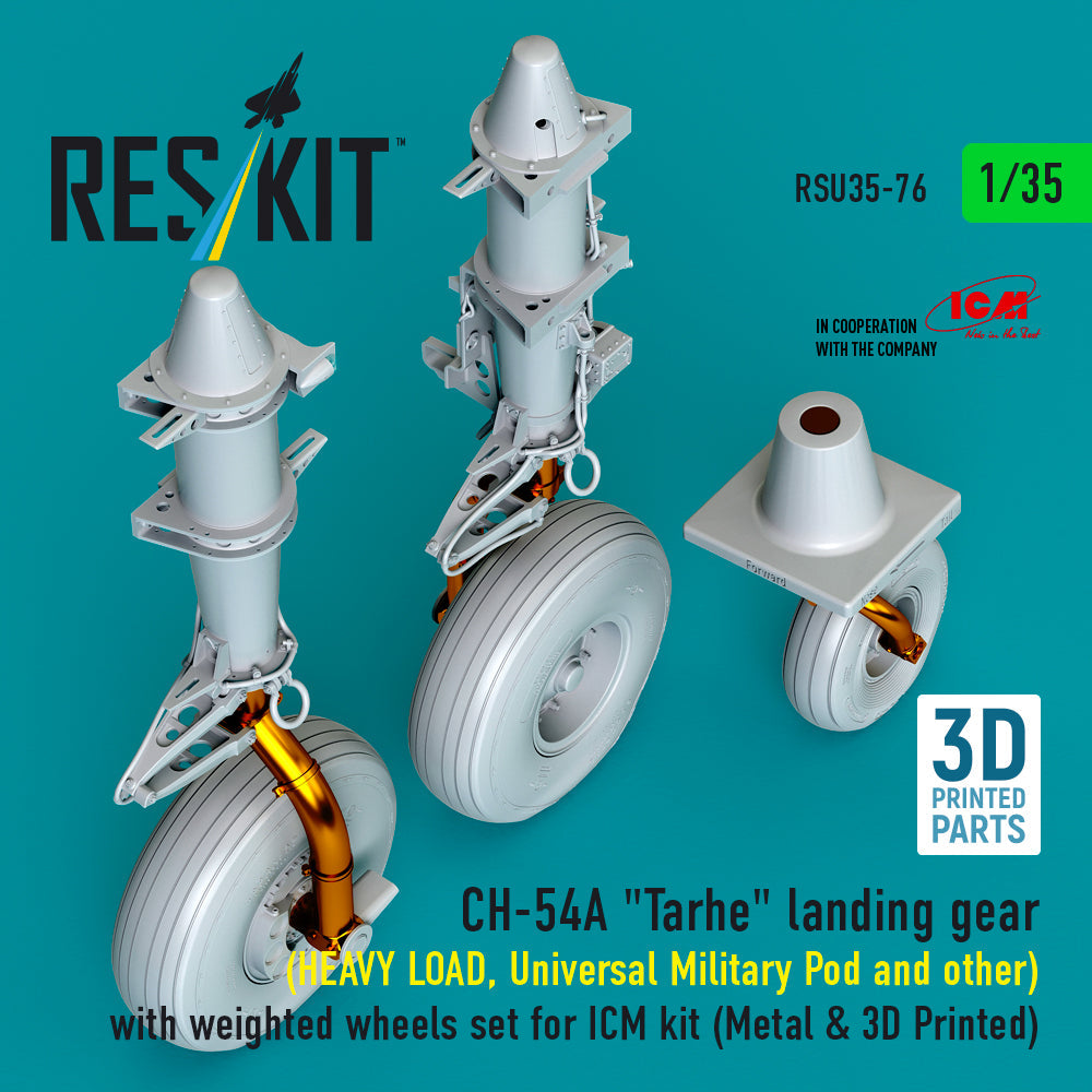 ResKit 1:35 CH-54A "Tarhe" landing gear (HEAVY LOAD, Universal Military Pod and other) with weighted wheels set for ICM kit (Metal & 3D Printed) Reskit