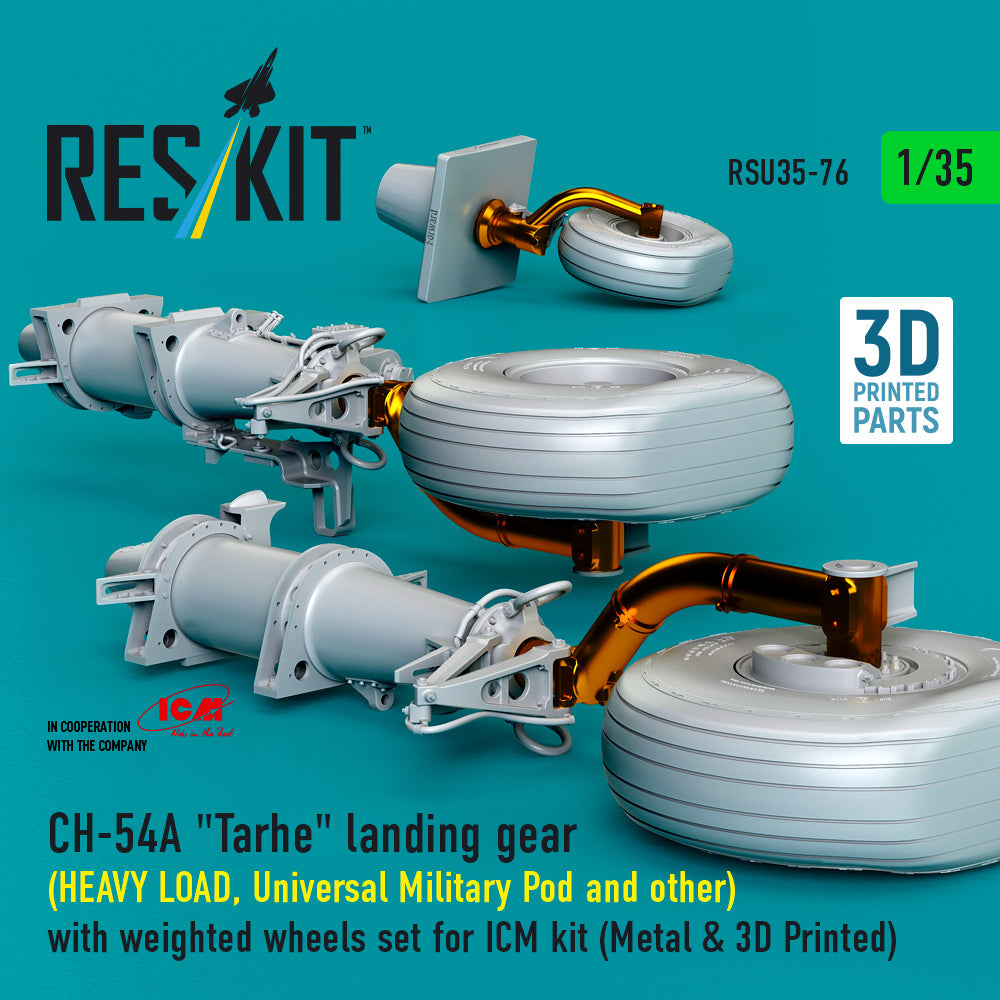 ResKit 1:35 CH-54A "Tarhe" landing gear (HEAVY LOAD, Universal Military Pod and other) with weighted wheels set for ICM kit (Metal & 3D Printed) Reskit