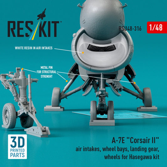 ResKit 1:48 A-7E "Corsair II" air intakes, wheel bays, landing gear, wheels for Hasegawa kit (3D Printed) Reskit