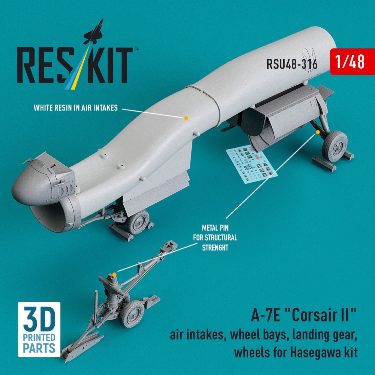 ResKit 1:48 A-7E "Corsair II" air intakes, wheel bays, landing gear, wheels for Hasegawa kit (3D Printed) Reskit