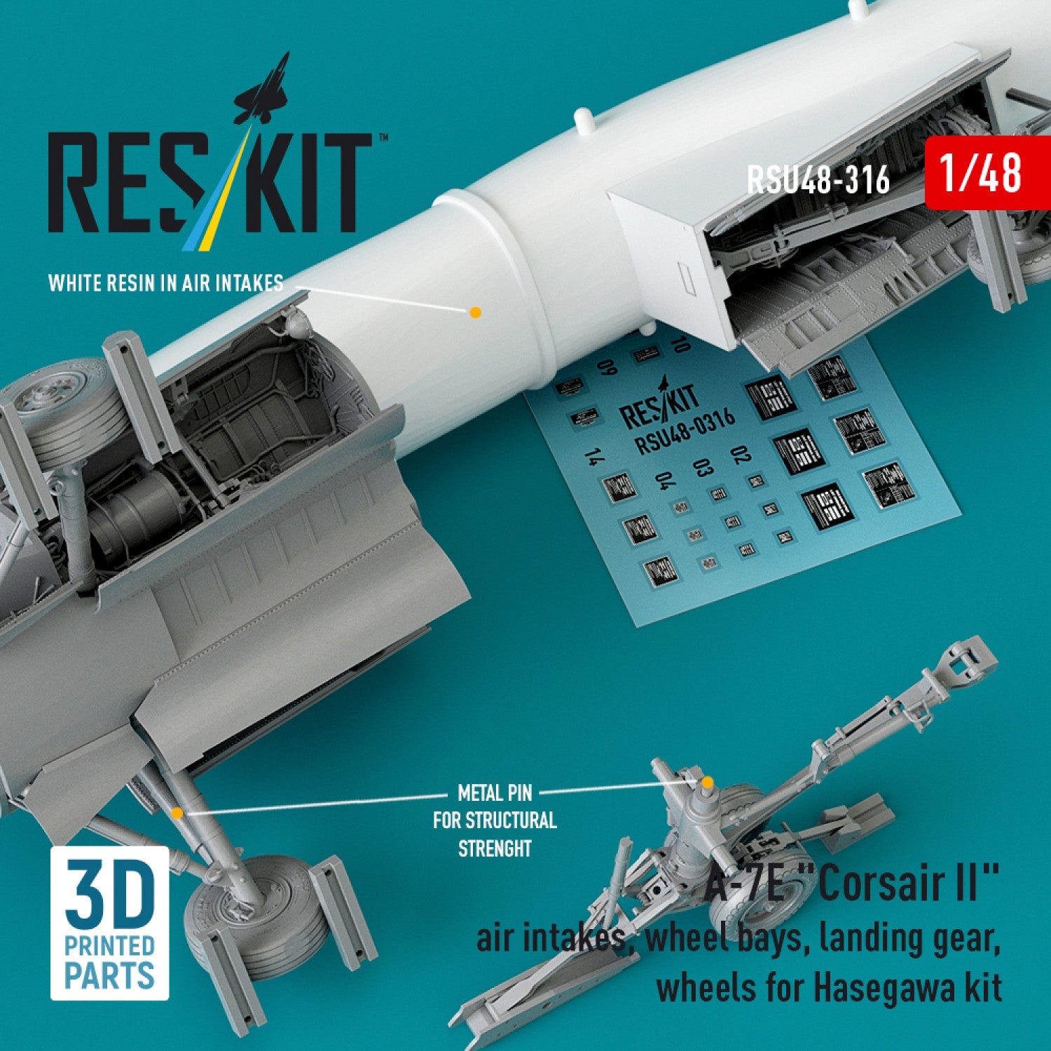ResKit 1:48 A-7E "Corsair II" air intakes, wheel bays, landing gear, wheels for Hasegawa kit (3D Printed) Reskit
