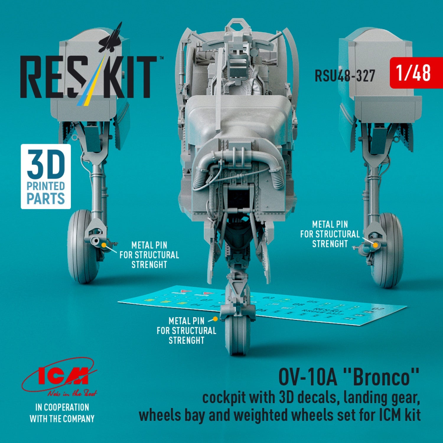 ResKit 1:48 OV-10A "Bronco" cockpit with 3D decals, landing gear, wheels bay and weighted wheels set for ICM kit (3D Printed) Reskit
