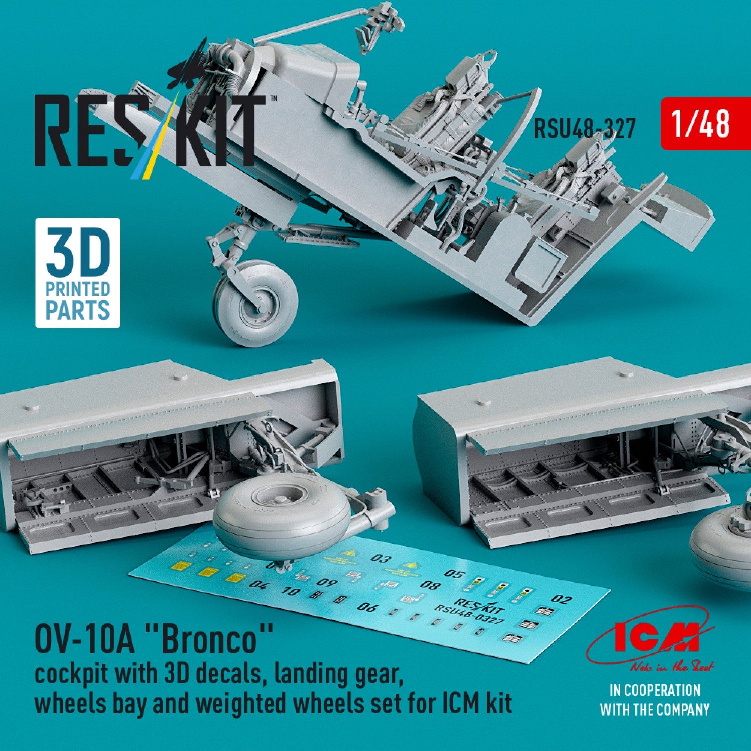 ResKit 1:48 OV-10A "Bronco" cockpit with 3D decals, landing gear, wheels bay and weighted wheels set for ICM kit (3D Printed) Reskit