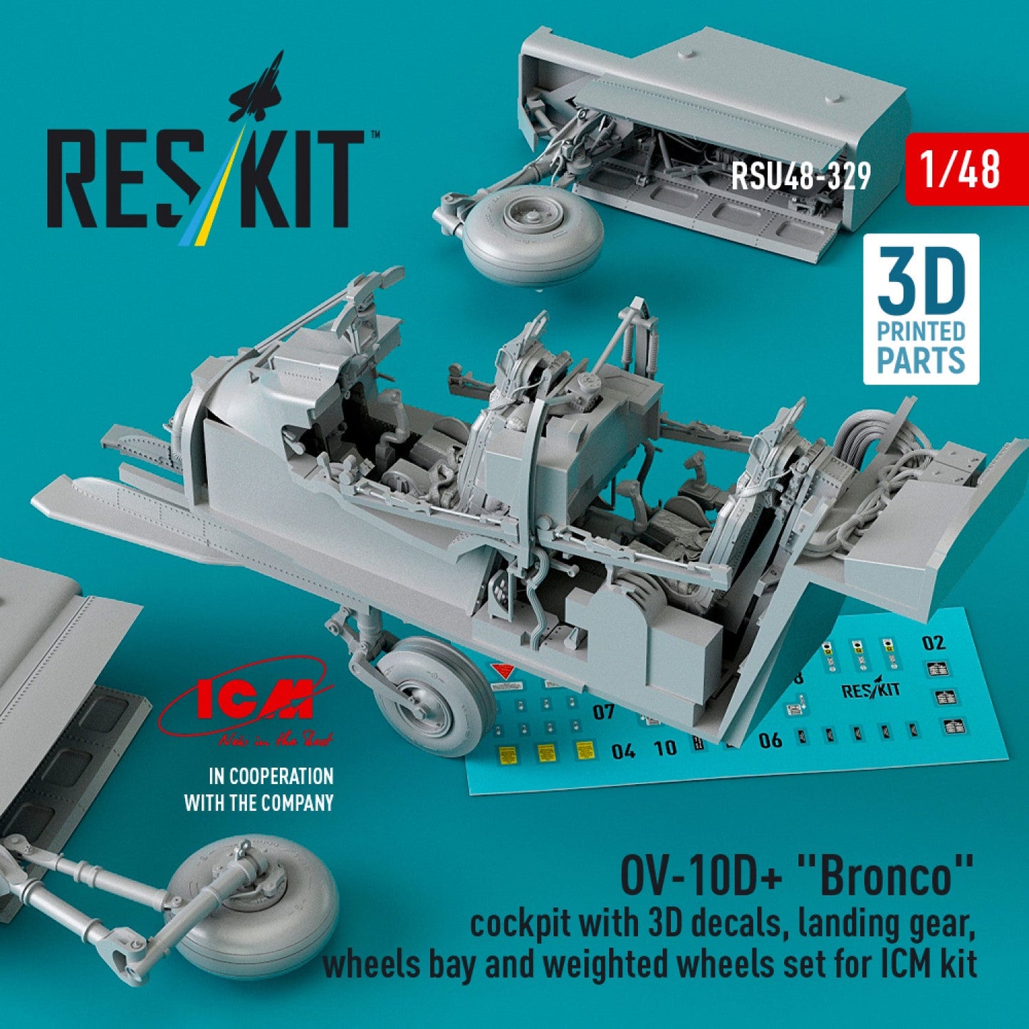 ResKit 1:48 OV-10D+ "Bronco" cockpit with 3D decals, landing gear, wheels bay and weighted wheels set for ICM kit (3D Printed) Reskit