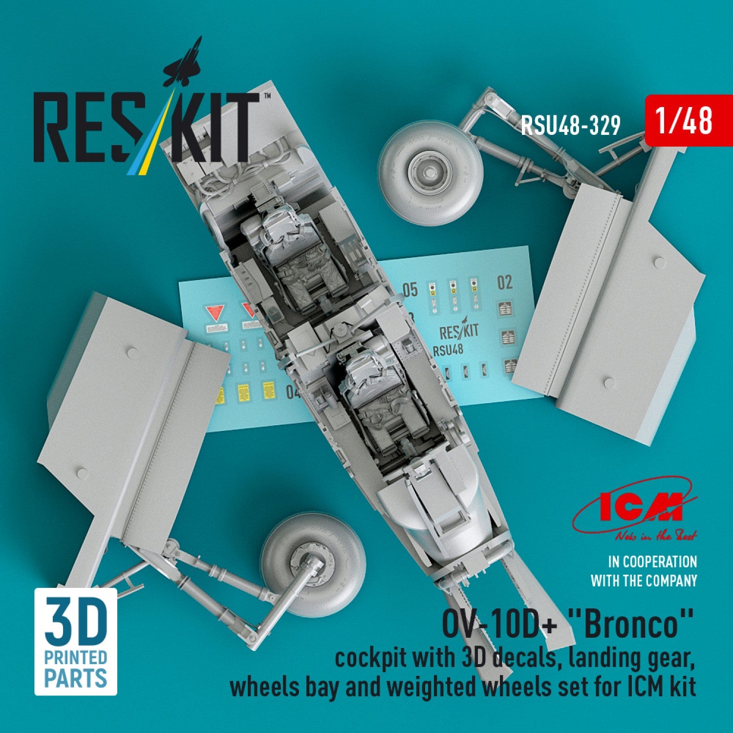 ResKit 1:48 OV-10D+ "Bronco" cockpit with 3D decals, landing gear, wheels bay and weighted wheels set for ICM kit (3D Printed) Reskit