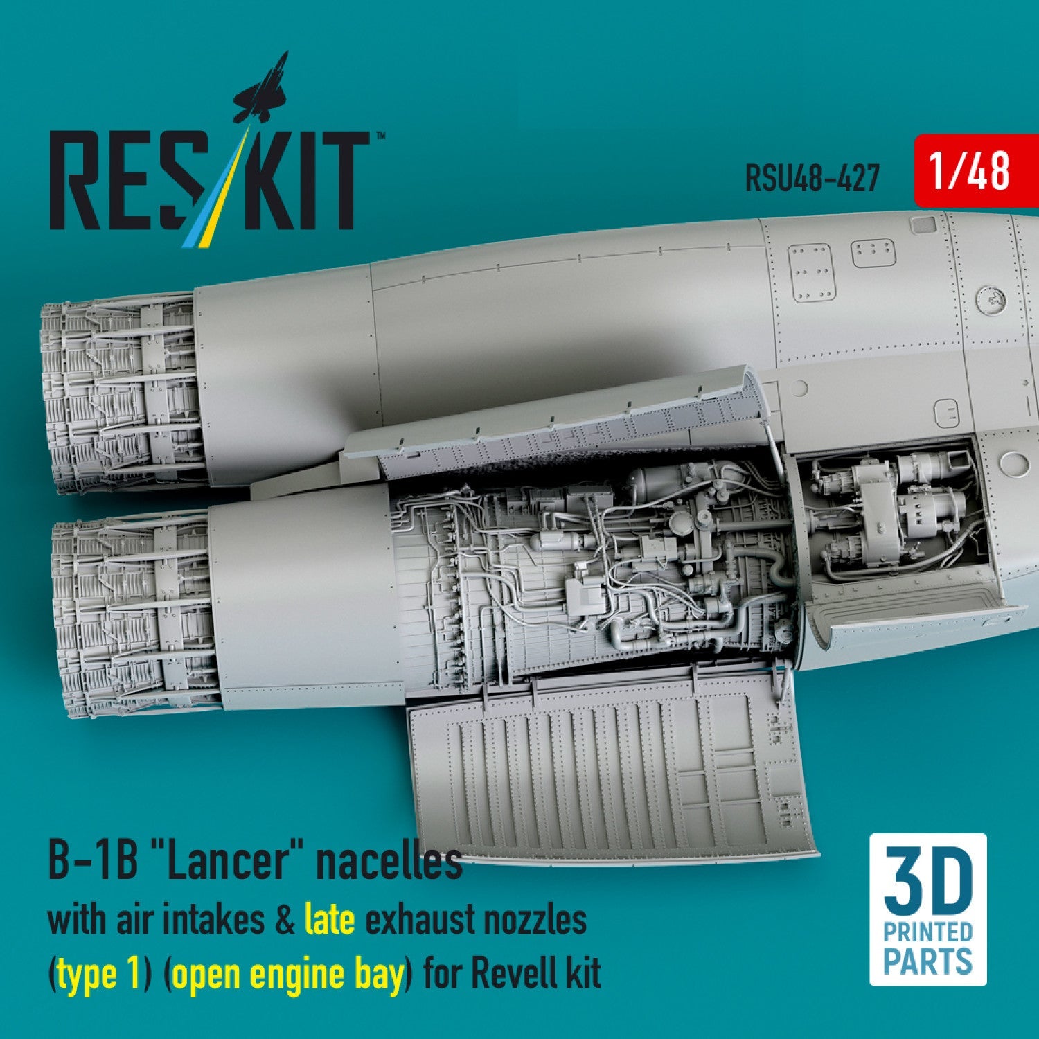 ResKit 1:48 B-1B "Lancer" nacelles with air intakes & late exhaust nozzles (type 1) (open engine bay) for Revell kit (3D Printed) Reskit