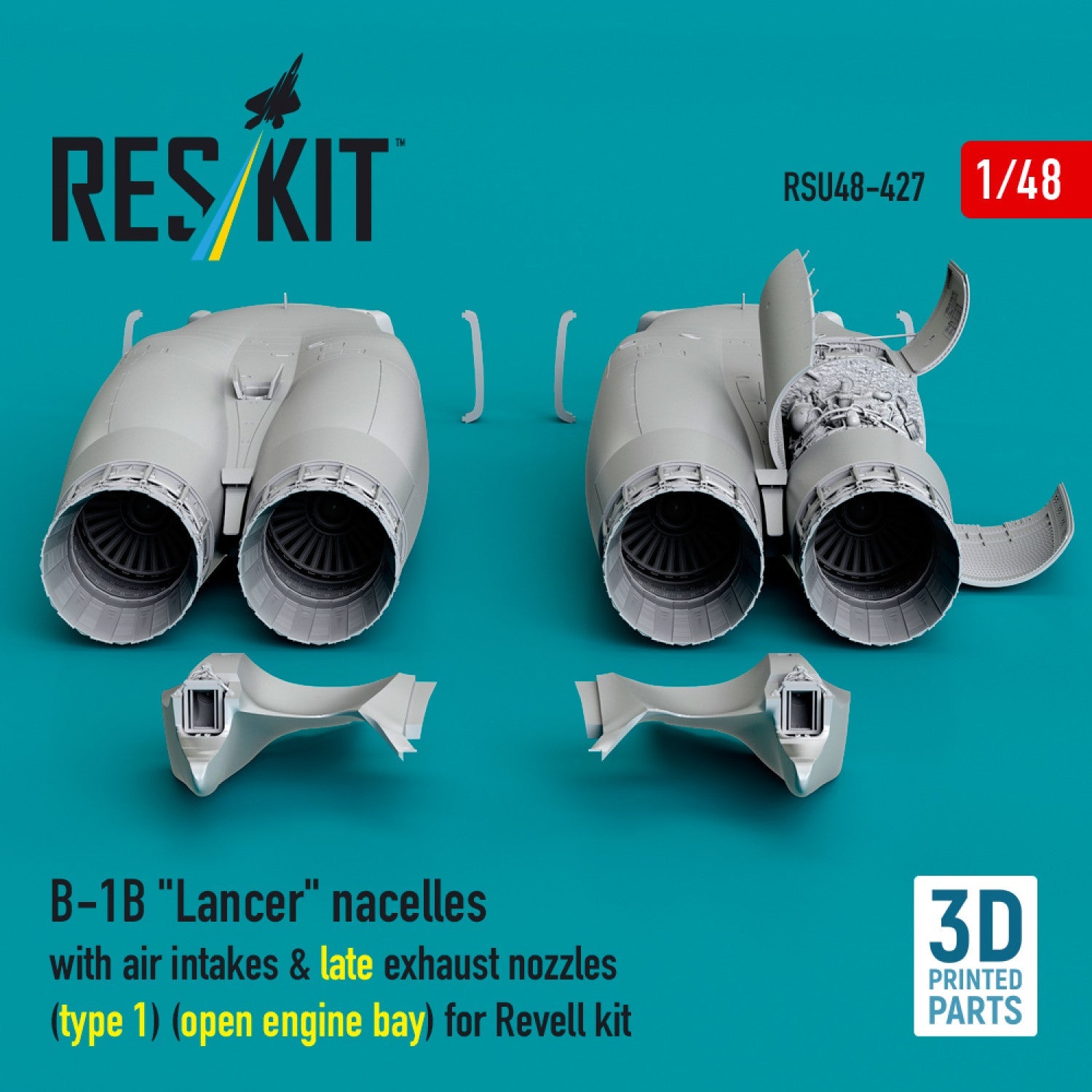ResKit 1:48 B-1B "Lancer" nacelles with air intakes & late exhaust nozzles (type 1) (open engine bay) for Revell kit (3D Printed) Reskit