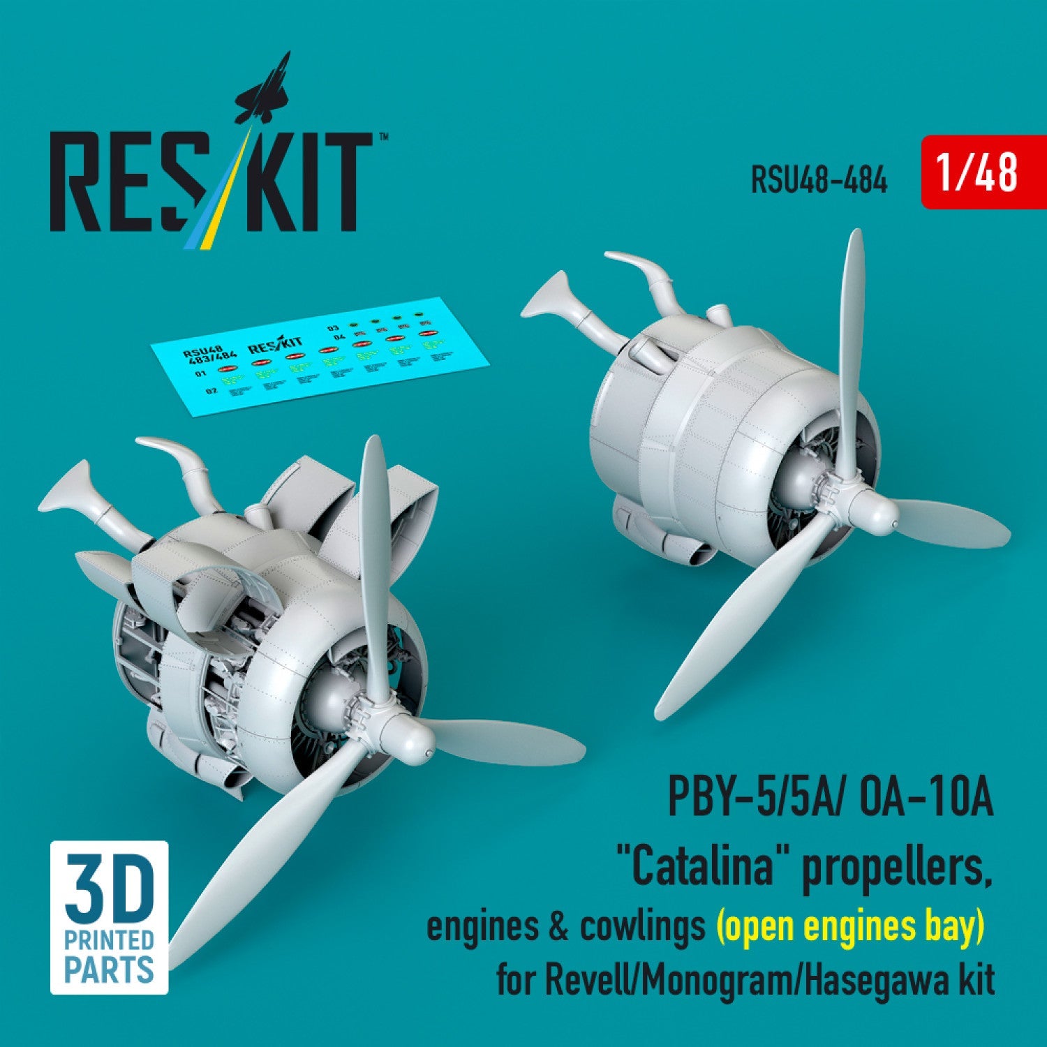 Reskit 1:48 PBY-5/5A/ OA-10A "Catalina" propellers, engines & cowlings (open engines bay) for Revell/Monogram/Hasegawa kit (3D Printed) (1/48) Reskit