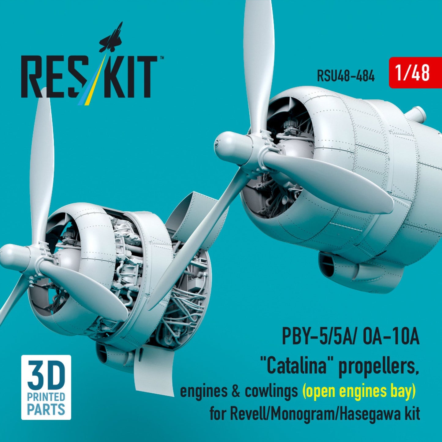 Reskit 1:48 PBY-5/5A/ OA-10A "Catalina" propellers, engines & cowlings (open engines bay) for Revell/Monogram/Hasegawa kit (3D Printed) (1/48) Reskit