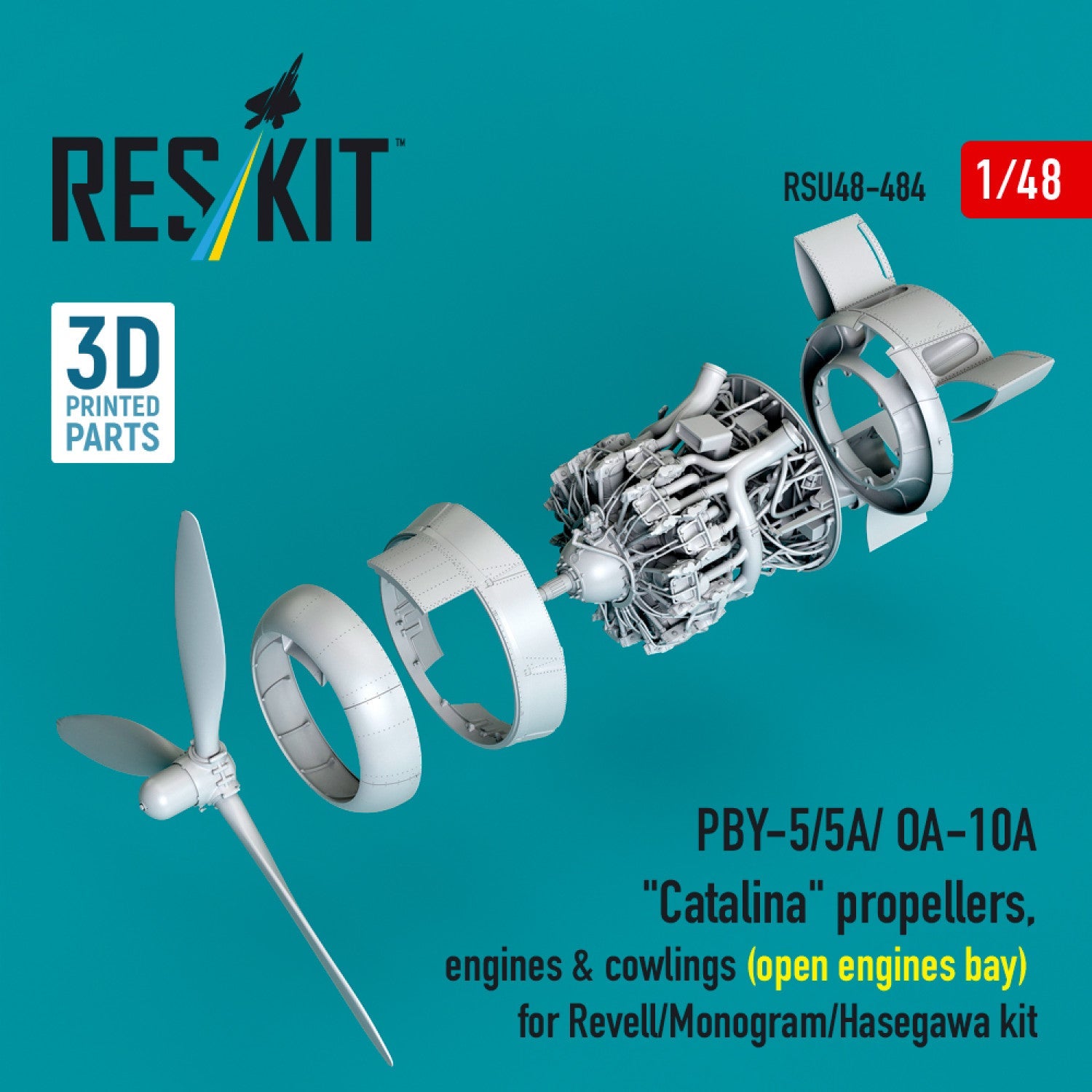 Reskit 1:48 PBY-5/5A/ OA-10A "Catalina" propellers, engines & cowlings (open engines bay) for Revell/Monogram/Hasegawa kit (3D Printed) (1/48) Reskit