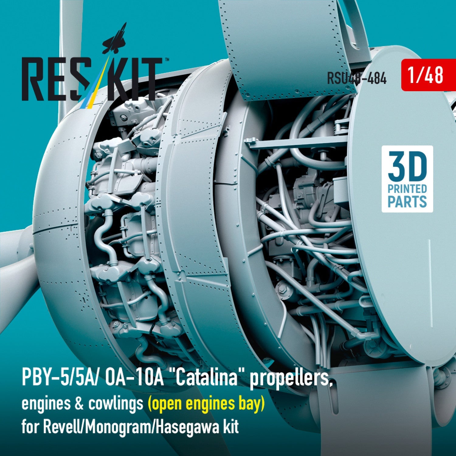 Reskit 1:48 PBY-5/5A/ OA-10A "Catalina" propellers, engines & cowlings (open engines bay) for Revell/Monogram/Hasegawa kit (3D Printed) (1/48) Reskit