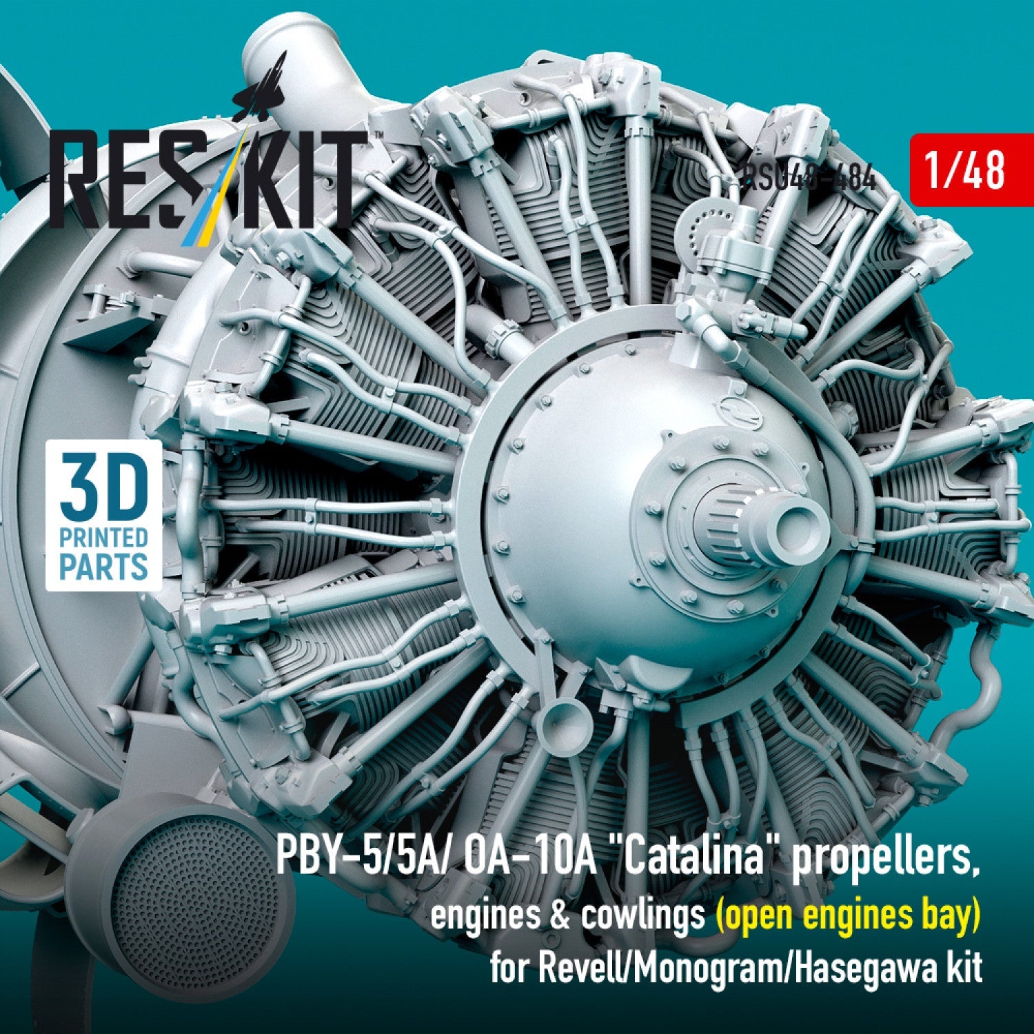 Reskit 1:48 PBY-5/5A/ OA-10A "Catalina" propellers, engines & cowlings (open engines bay) for Revell/Monogram/Hasegawa kit (3D Printed) (1/48) Reskit