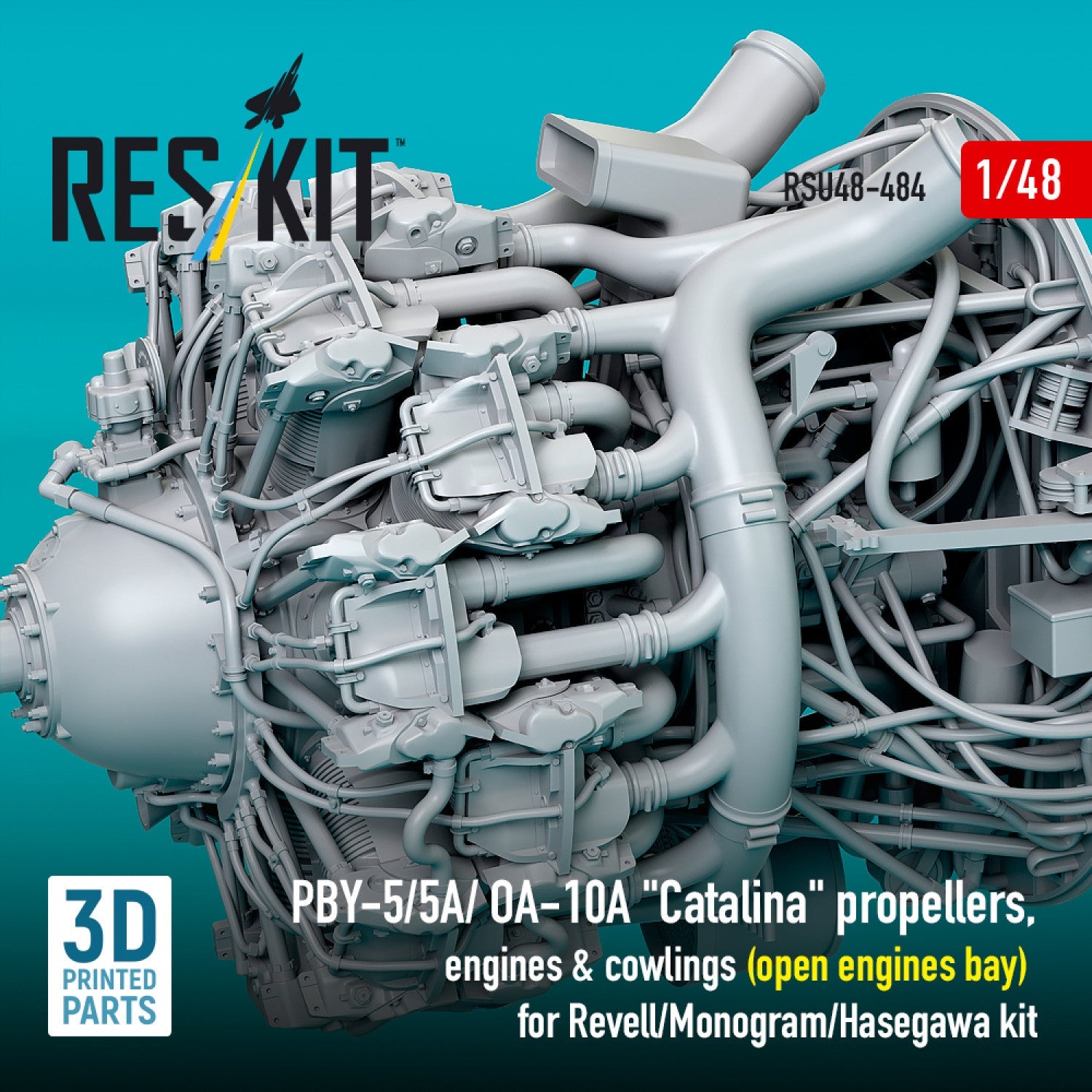Reskit 1:48 PBY-5/5A/ OA-10A "Catalina" propellers, engines & cowlings (open engines bay) for Revell/Monogram/Hasegawa kit (3D Printed) (1/48) Reskit
