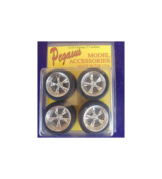 Pegasus 1/24 "T's" Rims W/Tires Chrome for Scale Models - Franklin Hobbies Ltd