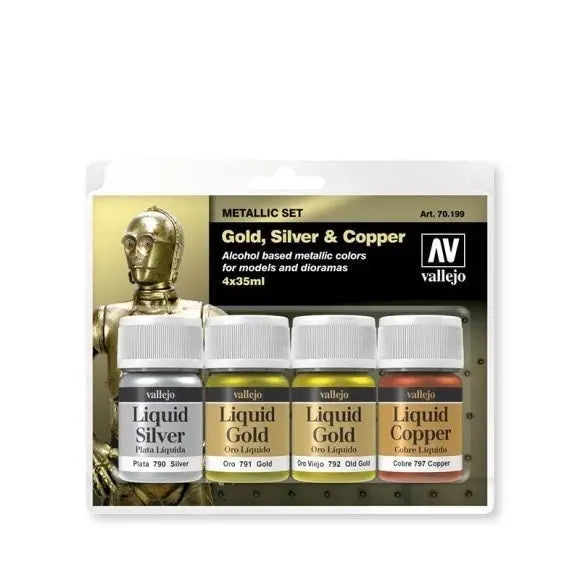 Vallejo Metallic Set Gold, Silver & Copper 4 x 35ml Acrylic Paint Set Vallejo