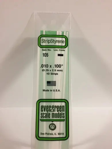 Evergreen White Polystyrene Strip 0.010 x 0.100 x 14" / 0.25mm x 2.5mm x 36cm (10) Evergreen