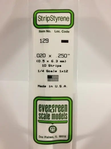 Evergreen White Polystyrene Strip 0.020 x 0.250 x 14" / 0.51mm x 6.4mm x 36cm (10) Evergreen