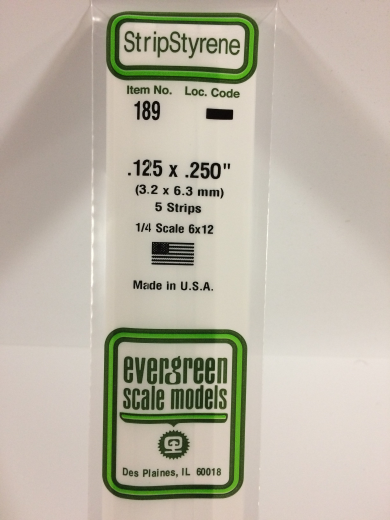 Evergreen White Polystyrene Strip 0.125 x 0.250 x 14" / 3.2mm x 6.4mm x 36cm (5) Evergreen