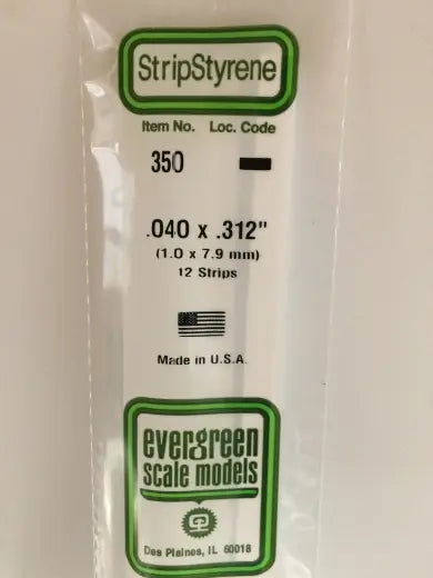 Evergreen White Polystyrene Strip 0.040 x 0.312 x 24" / 1mm x 7.9mm x 61cm (12) Evergreen