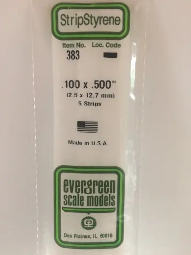 Evergreen White Polystyrene Strip 0.100 x 0.500 x 24" / 2.5mm x 12.7mm x 61cm (5) Evergreen