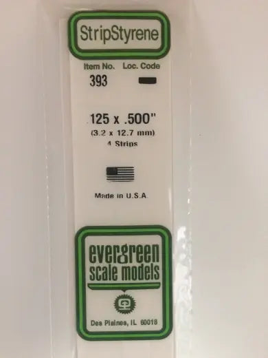 Evergreen White Polystyrene Strip 0.125 x 0.500 x 24" / 3.2mm x 12.7mm x 61cm (4) Evergreen