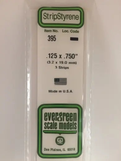 Evergreen White Polystyrene Strip 0.125 x 0.750 x 24" / 3.2mm x 19.1mm x 61cm (3) Evergreen