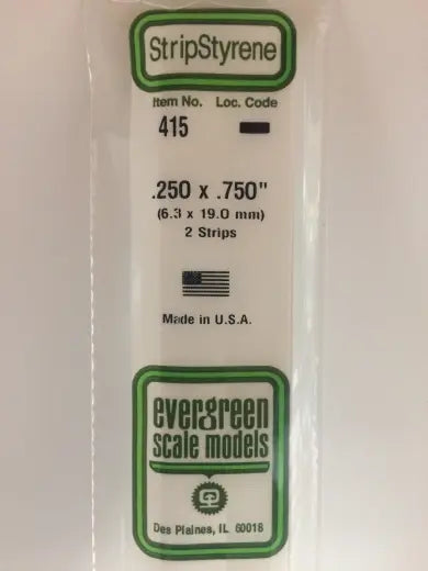 Evergreen White Polystyrene Strip 0.250 x 0.750 x 24" / 6.4mm x 19.1mm x 61cm (2) Evergreen