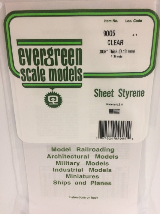 Evergreen Clear Polystyrene Sheet 0.005 x 6 x 12" / 0.13mm x 15cm x 30cm (3) Evergreen