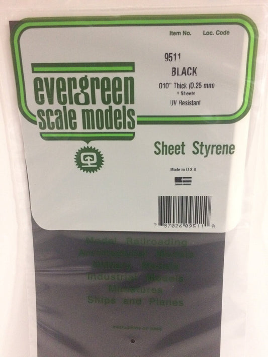 Evergreen Black Polystyrene Sheet 0.010 x 6 x 12" / 0.25mm x 15cm x 30cm (4) Evergreen