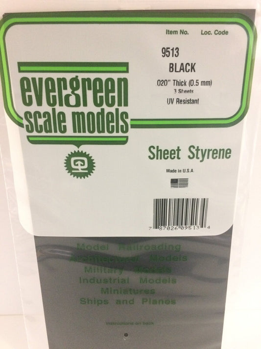 Evergreen Black Polystyrene Sheet 0.020 x 6 x 12" / 0.51mm x 15cm x 30cm (3) Evergreen
