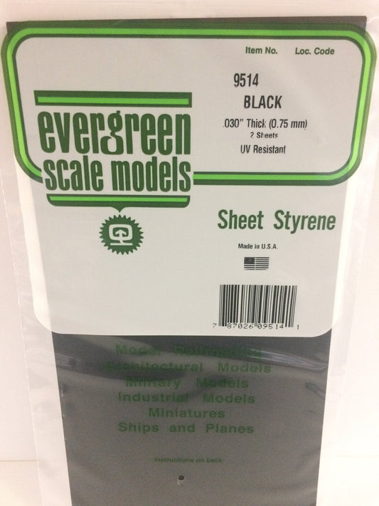 Evergreen Black Polystyrene Sheet 0.030 x 6 x 12" / 0.76mm x 15cm x 30cm (2) Evergreen