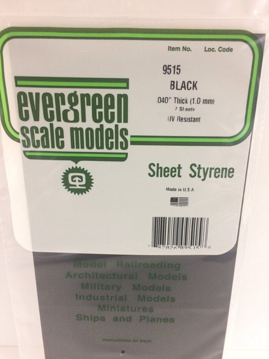 Evergreen Black Polystyrene Sheet 0.040 x 6 x 12" / 1mm x 15cm x 30cm (2) Evergreen