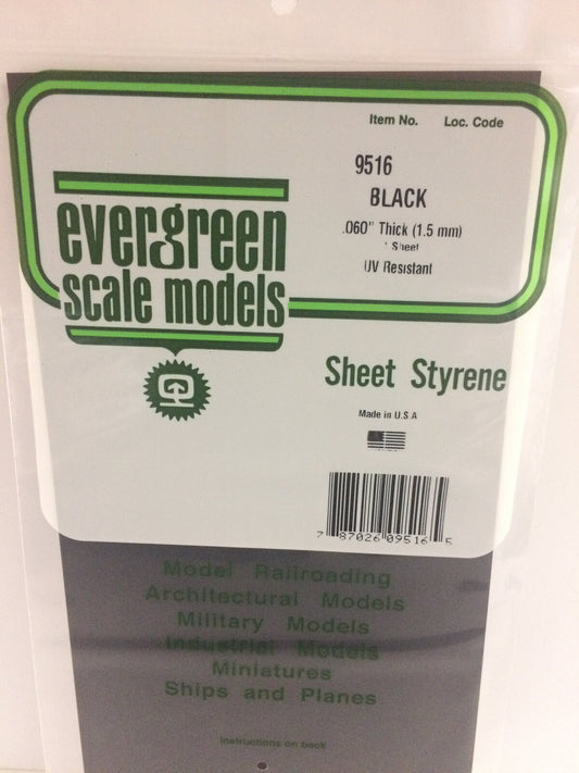 Evergreen Black Polystyrene Sheet 0.060 x 6 x 12" / 1.5mm x 15cm x 30cm (1) Evergreen