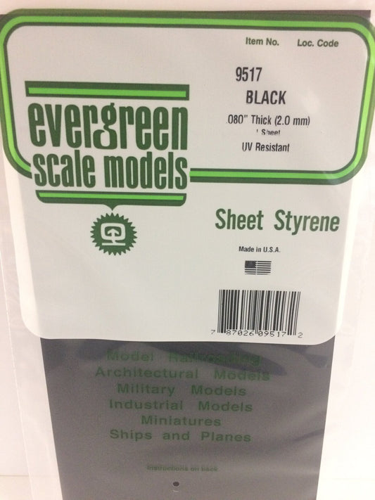 Evergreen Black Polystyrene Sheet 0.080 x 6 x 12" / 2mm x 15cm x 30cm (1) Evergreen