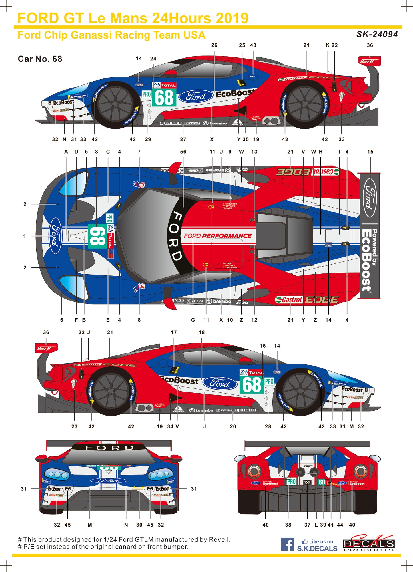S.K. Decals 1:24 Ford GT Le Mans 2019 Ford Chip Ganassi Racing Team USA Decal Set