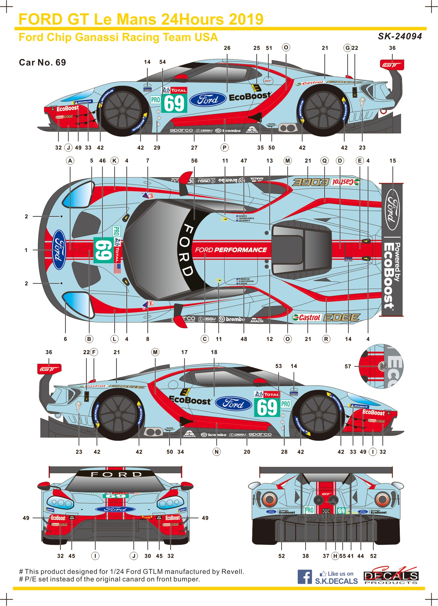 S.K. Decals 1:24 Ford GT Le Mans 2019 Ford Chip Ganassi Racing Team USA Decal Set