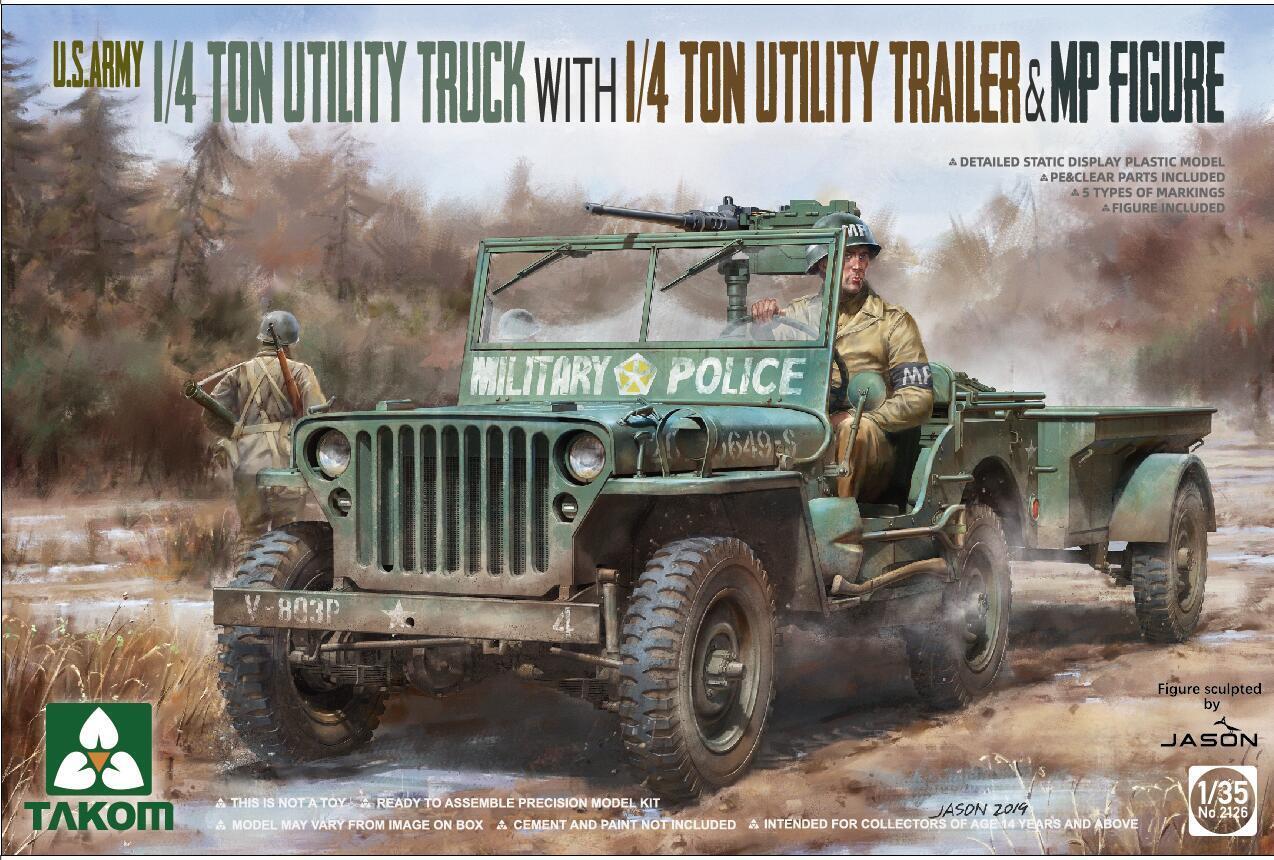 Takom 1/35 U.S. Army 1/4 ton utility truck w/ trailer & MP figure Plastic Model Kit