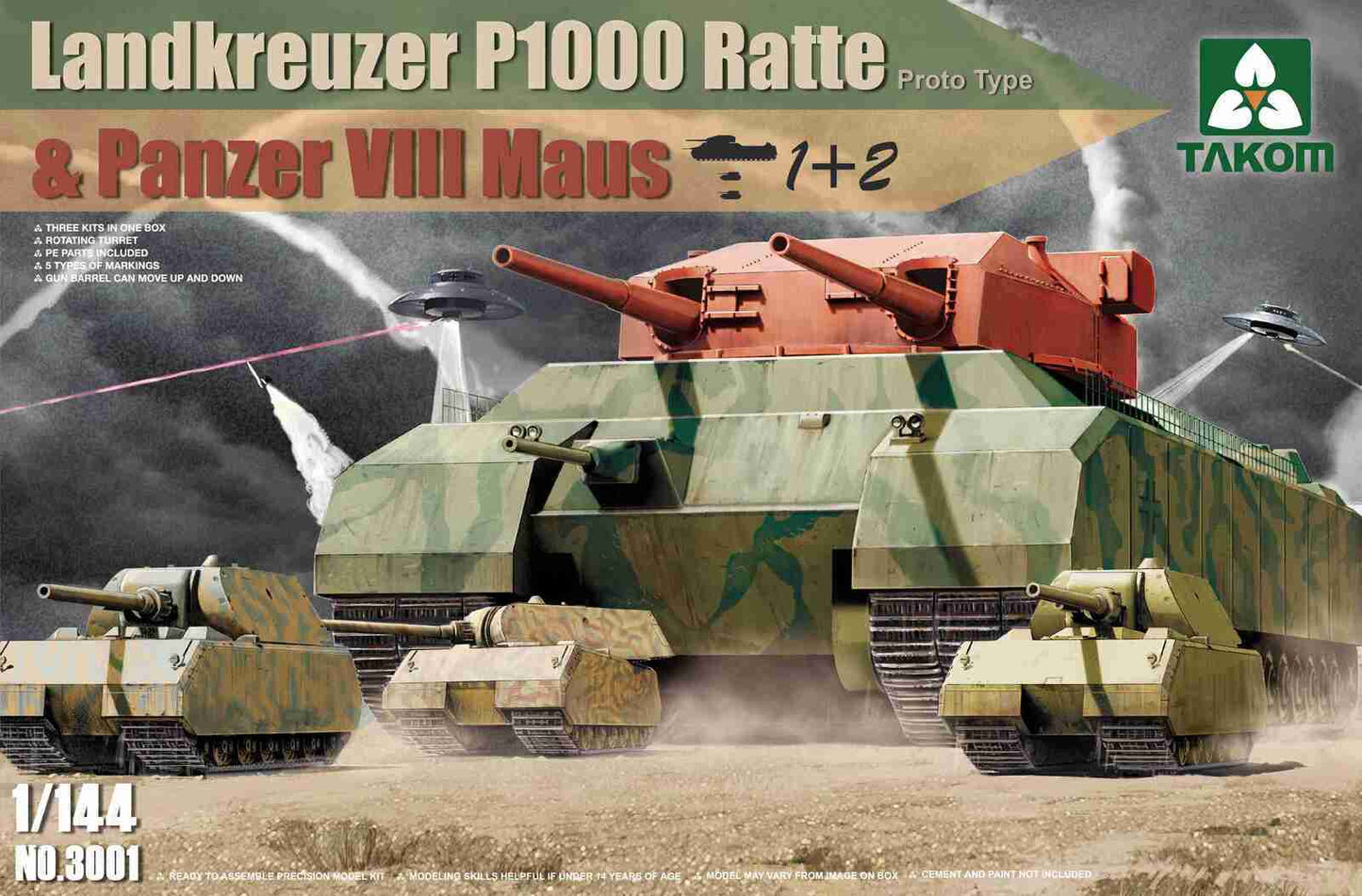 Takom 1/144 WWII Heavy Battle Tank Landkreuzer P1000 Ratte[Proto type] & Panzer VIII Maus 3 in 1 Plastic Model Kit