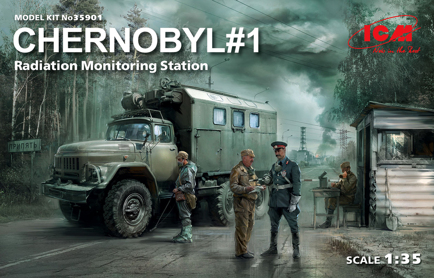 ICM 1:35 Chernobyl #1. Radiation Monitoring Station (ZiL-131KShM Truck & 5 Figures & Diorama Base with Background)