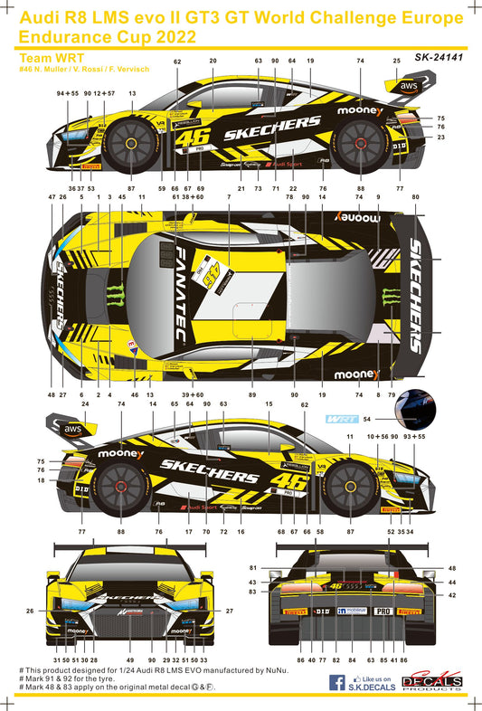 S.K. Decals 1:24 Audi R8 LMS EVO II GT3 GT World Challenge Europe Endurance Cup 2022 Team WRT
